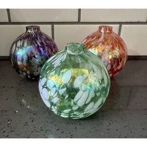 Pottery Barn Hand Blown Art Glass Oil Candle Lamp Round Orange Purple Green 3pc‎
